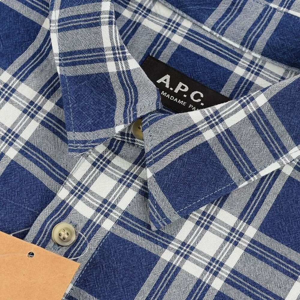 APC Mens Indigo Plaid HECTOR Long Sleeve Regular Fit Cotton Shirt SMALL NWT - Picture 2 of 2